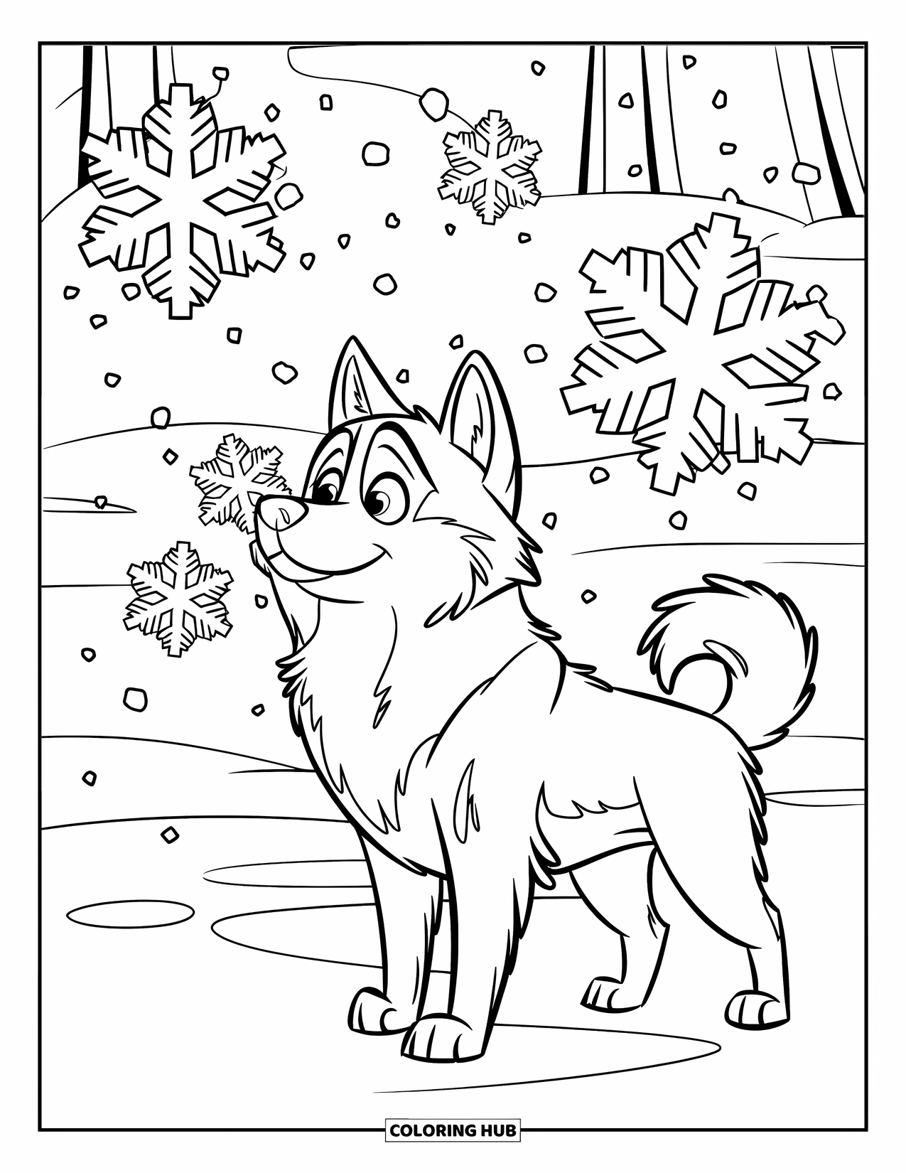 Husky Coloring Page for Kids: A husky catches snowflakes on its nose under snowy trees
