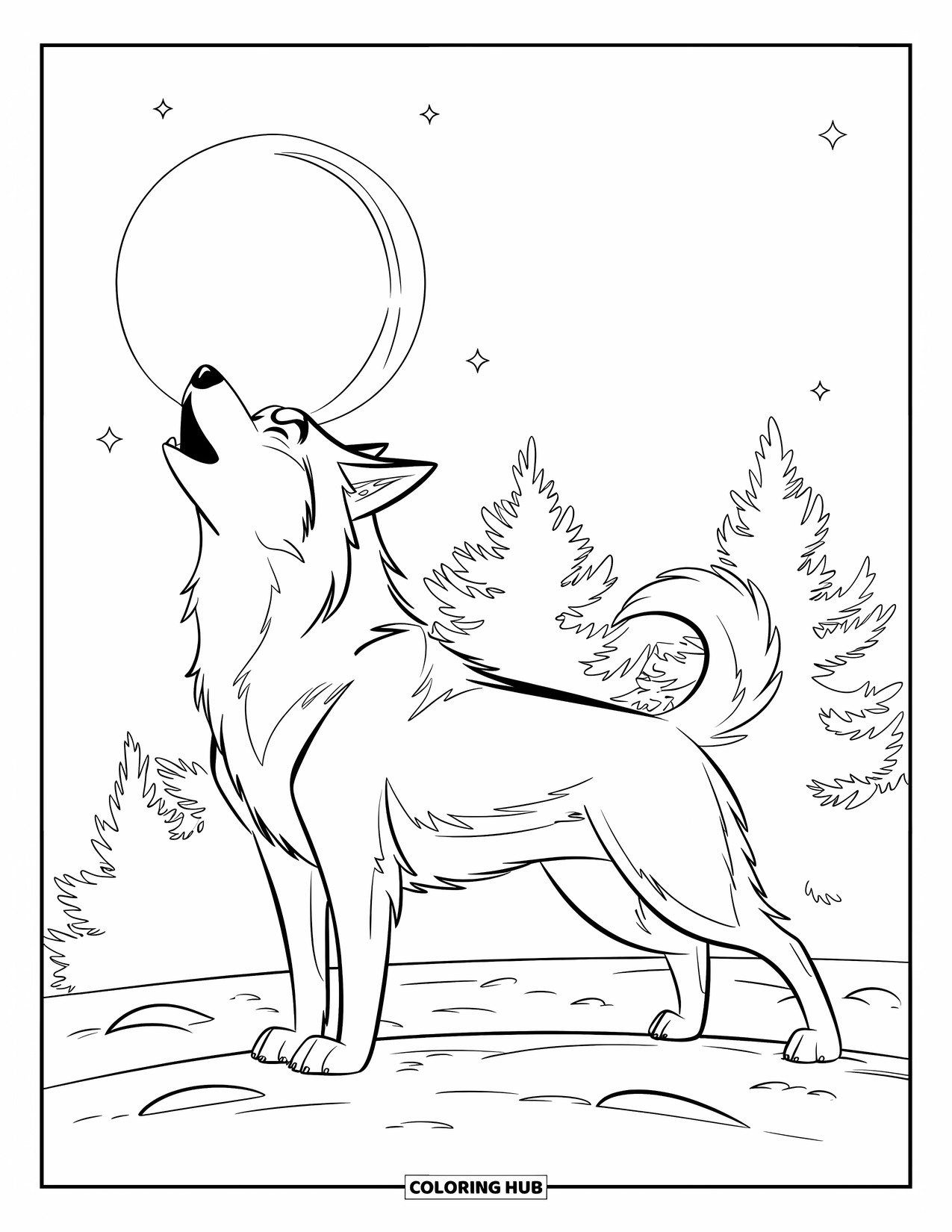 Husky Coloring Page for Kids: A husky howls at the moon with pine trees behind
