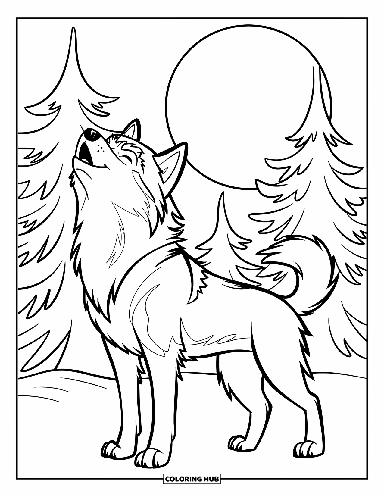 Husky Coloring Page for Kids: A husky howls beneath pine trees and a glowing winter moon