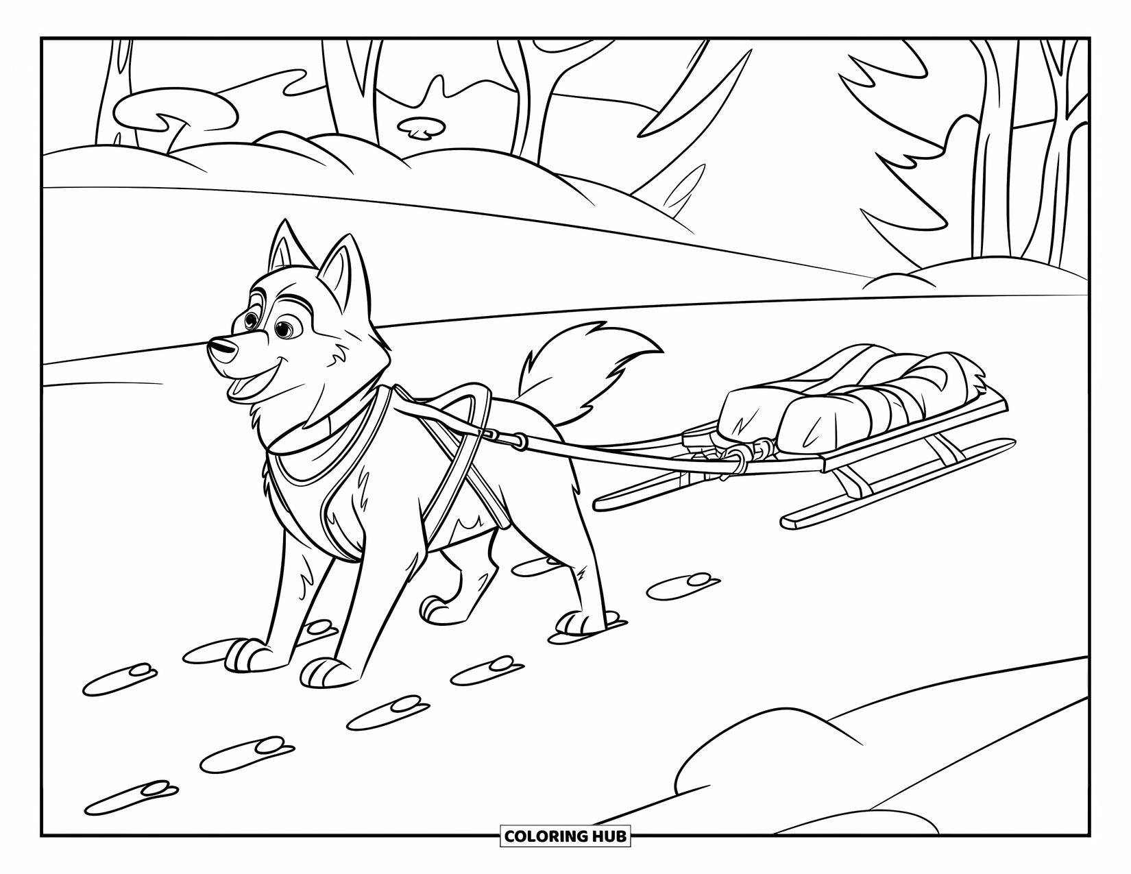 Husky Coloring Page for Kids: A husky in a sled team harness stands near footprints and supply bags