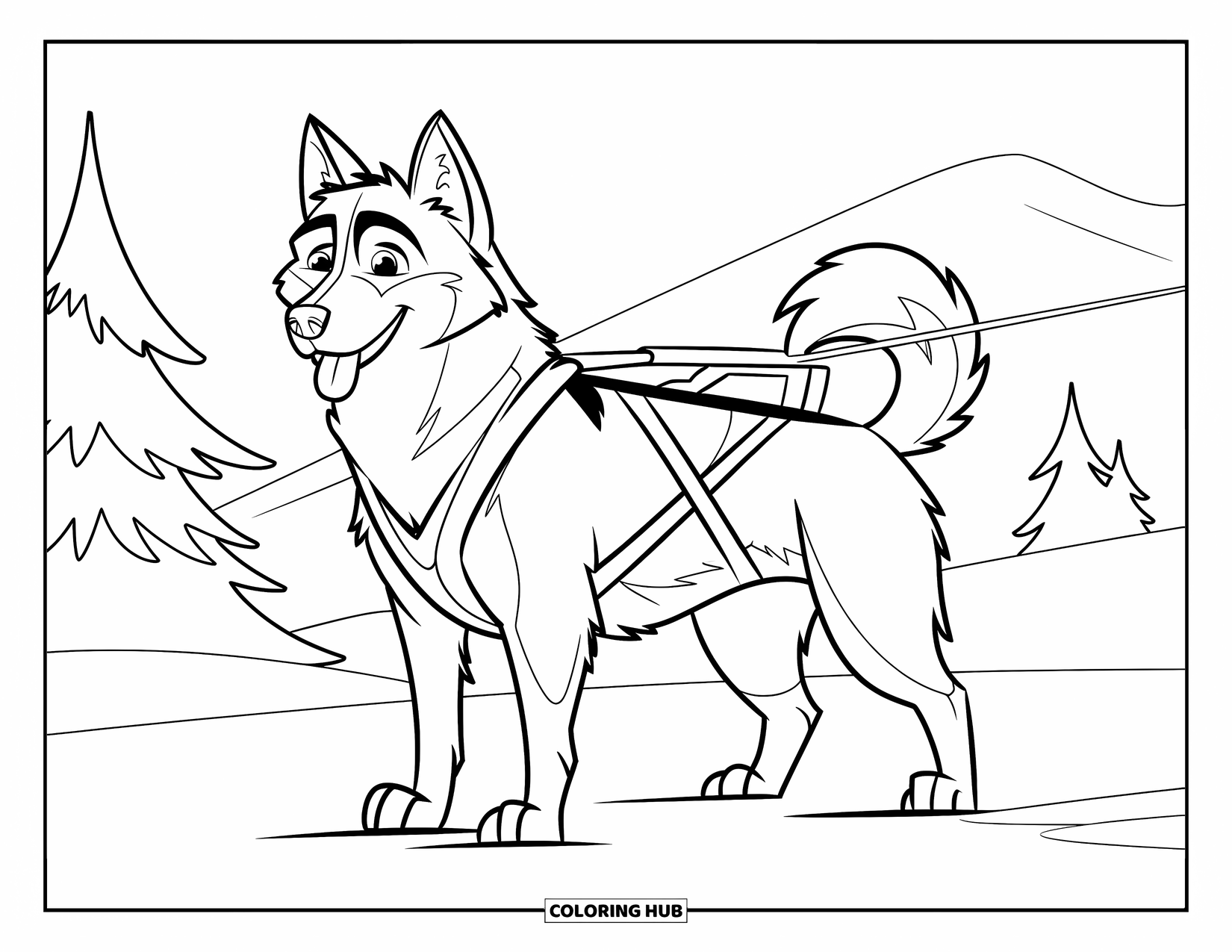 Husky Coloring Page for Kids: A husky in harness waits beside snowy pines and mountain peaks