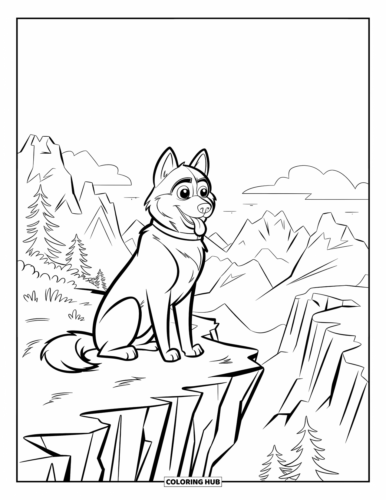 Husky Coloring Page for Kids: A husky on a cliff surveys the landscape with tongue out and ears perked