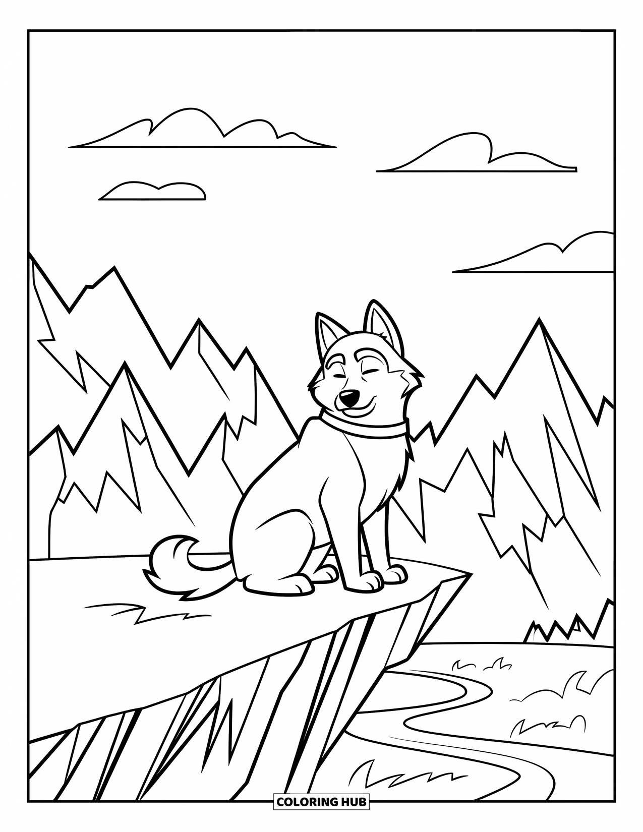 Husky Coloring Page for Kids: A husky perches on a cliff with clouds and mountain views behind