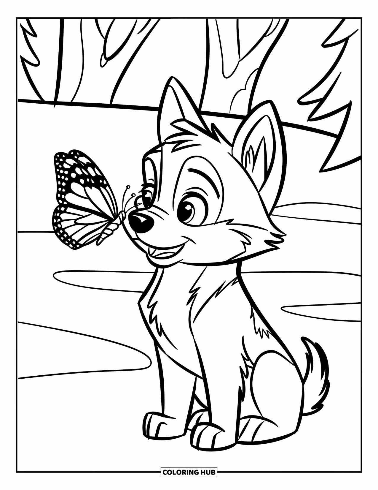 Husky Coloring Page for Kids: A husky puppy sits with a butterfly on its nose in a snowy field