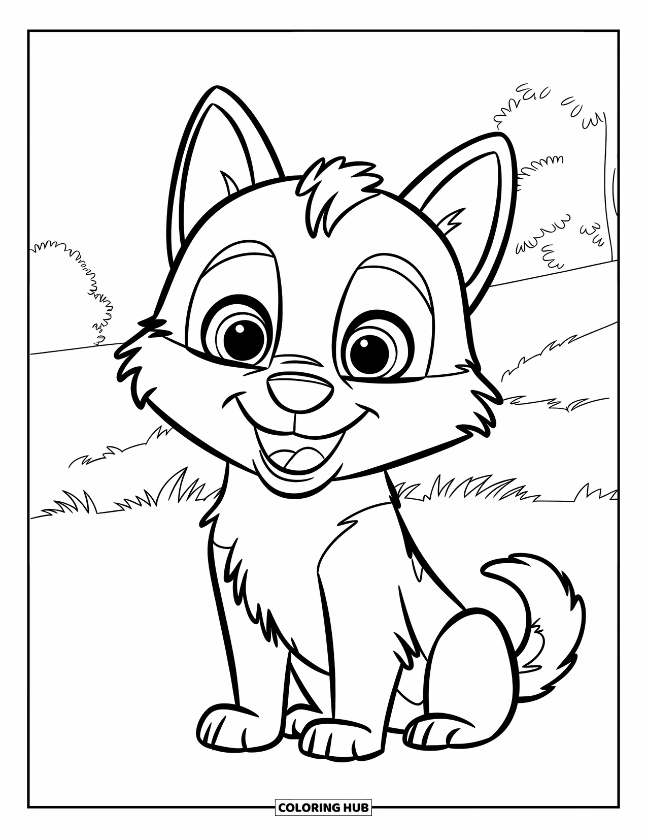 Husky Coloring Page for Kids: A husky puppy with a big grin and wagging tail sits on grass with a few trees