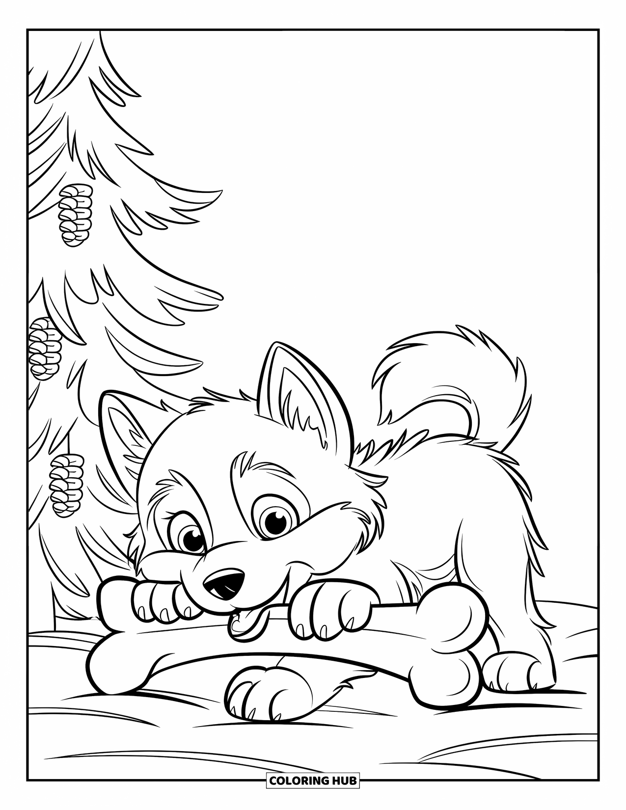 Husky Coloring Page for Kids: A husky puppy with fluffy fur chews on a large bone beside pinecones
