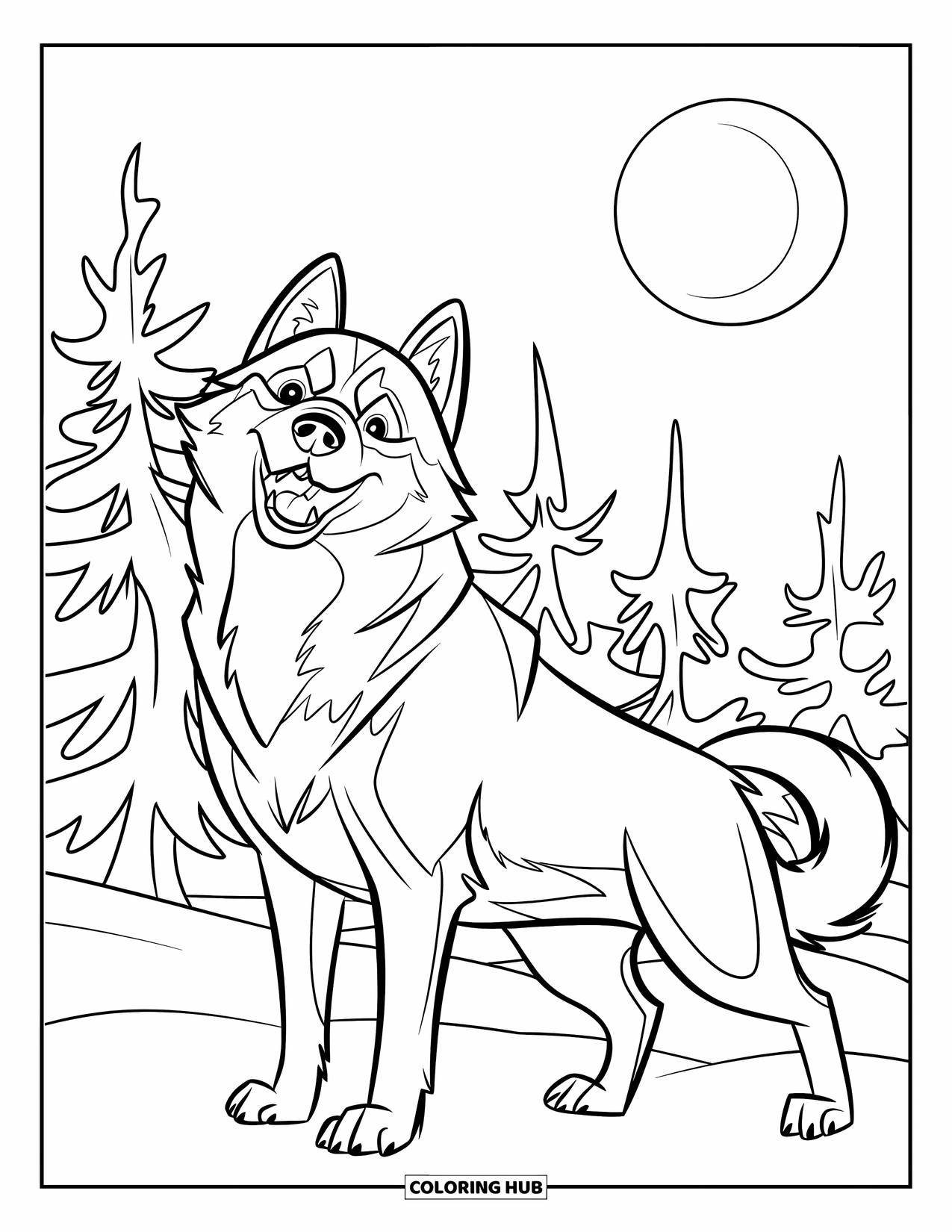 Husky Coloring Page for Kids: A husky raises its head to the moon under a snowy sky