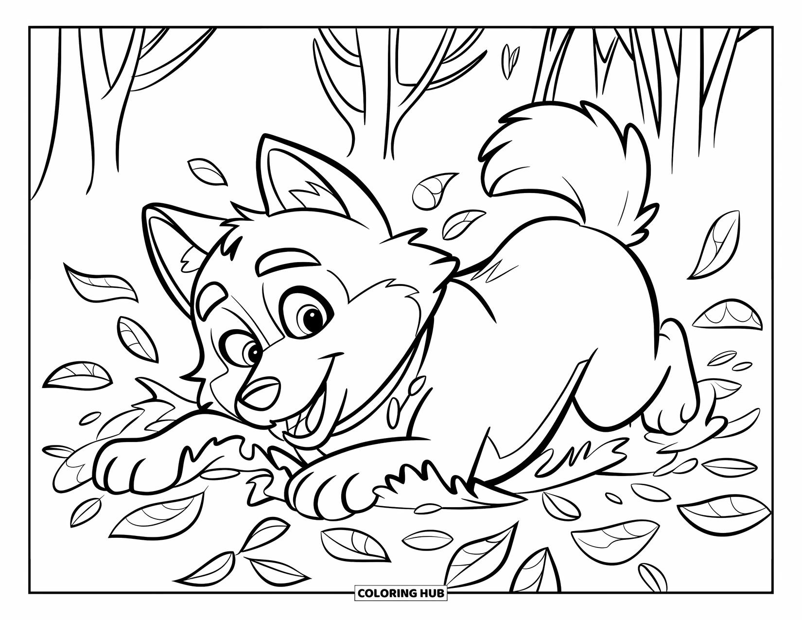 Husky Coloring Page for Kids: A husky rolls happily in a swirl of fallen autumn leaves