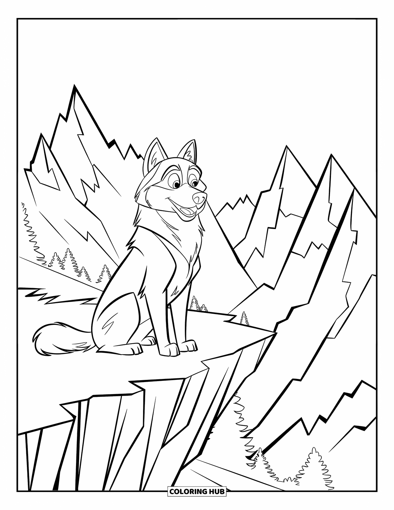 Husky Coloring Page for Kids: A husky sits on a cliff watching tall mountain peaks in the distance