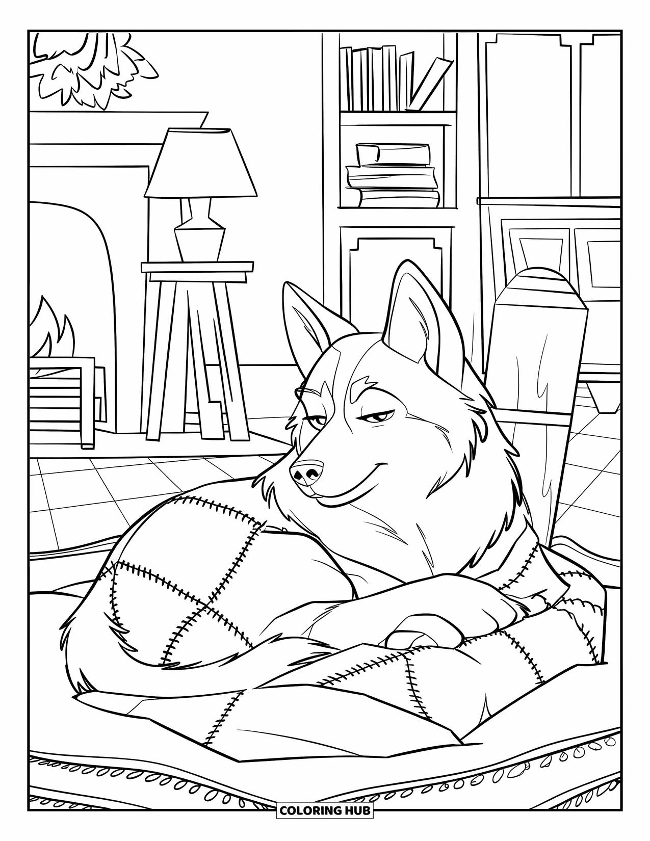 Husky Coloring Page for Kids: A husky sleeps peacefully wrapped in a patchwork blanket by the fireplace