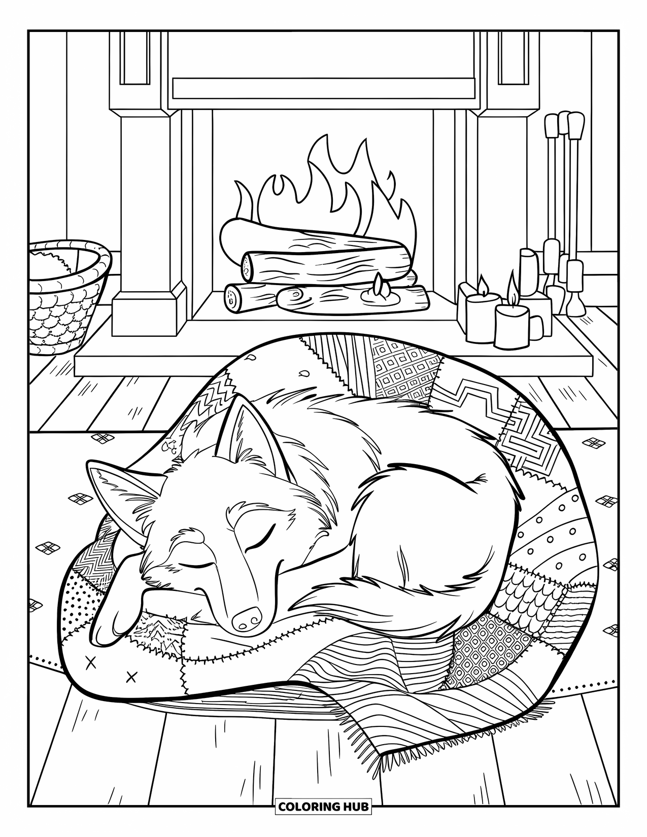Husky Coloring Page for Kids: A husky snoozes by a glowing fire wrapped in a warm patterned blanket