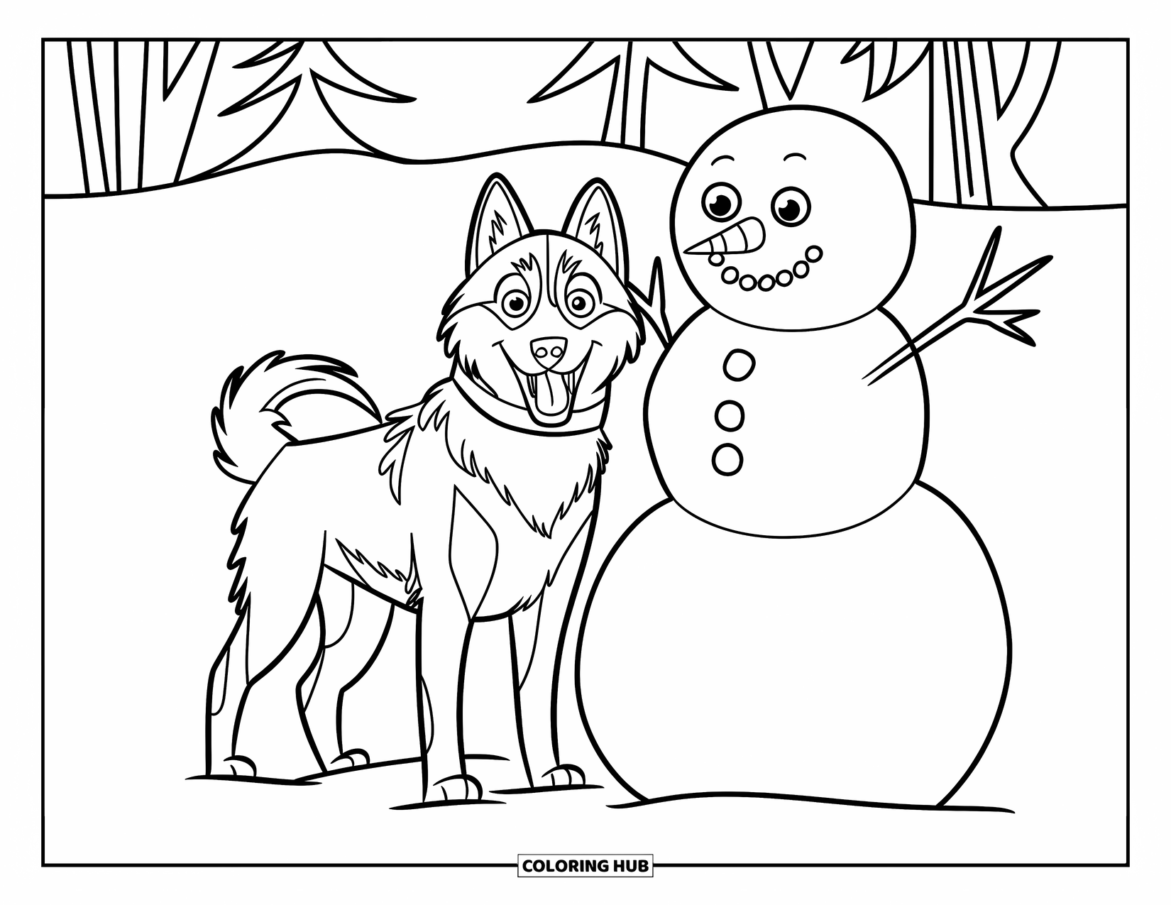 Husky Coloring Page for Kids: A husky stands beside a snowman with coal eyes and a carrot nose