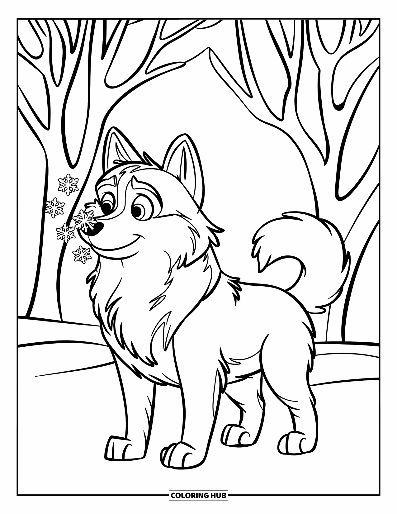 Husky Coloring Page for Kids: A husky stands in snow catching flakes with its nose and closed eyes