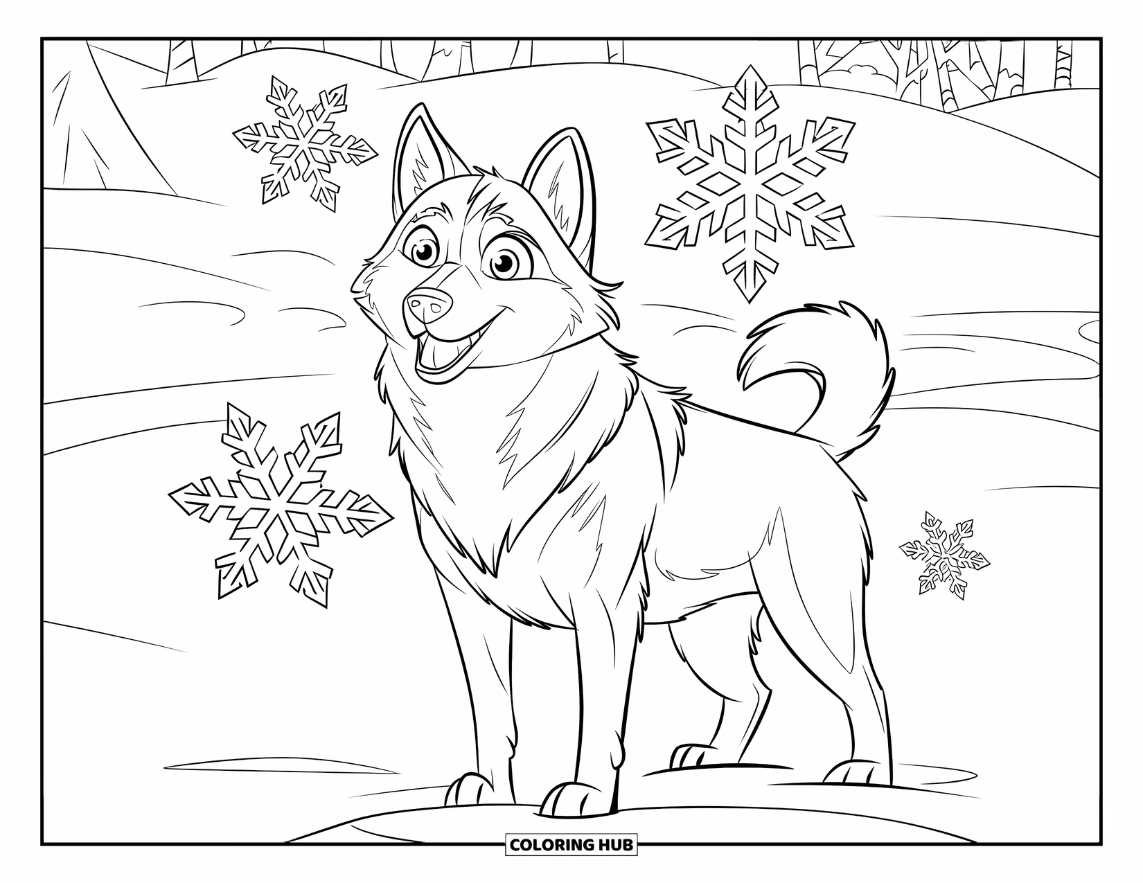 Husky Coloring Page for Kids: A husky stands on snow with oversized snowflakes all around