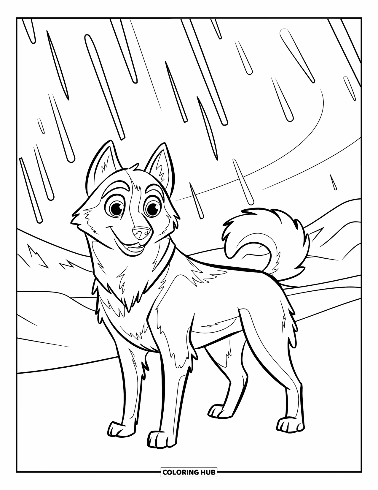 Husky Coloring Page for Kids: A husky stands under northern lights glowing above snowy ground