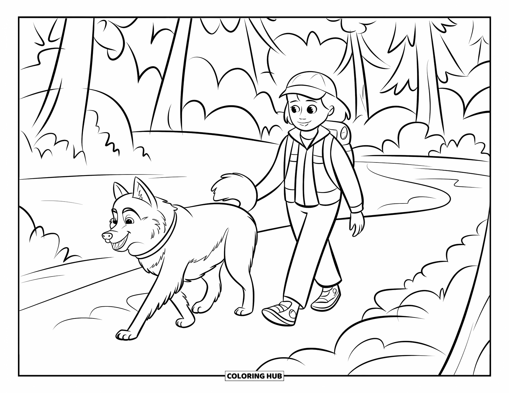 Husky Coloring Page for Kids: A husky walks beside a girl hiker on a trail lined with trees