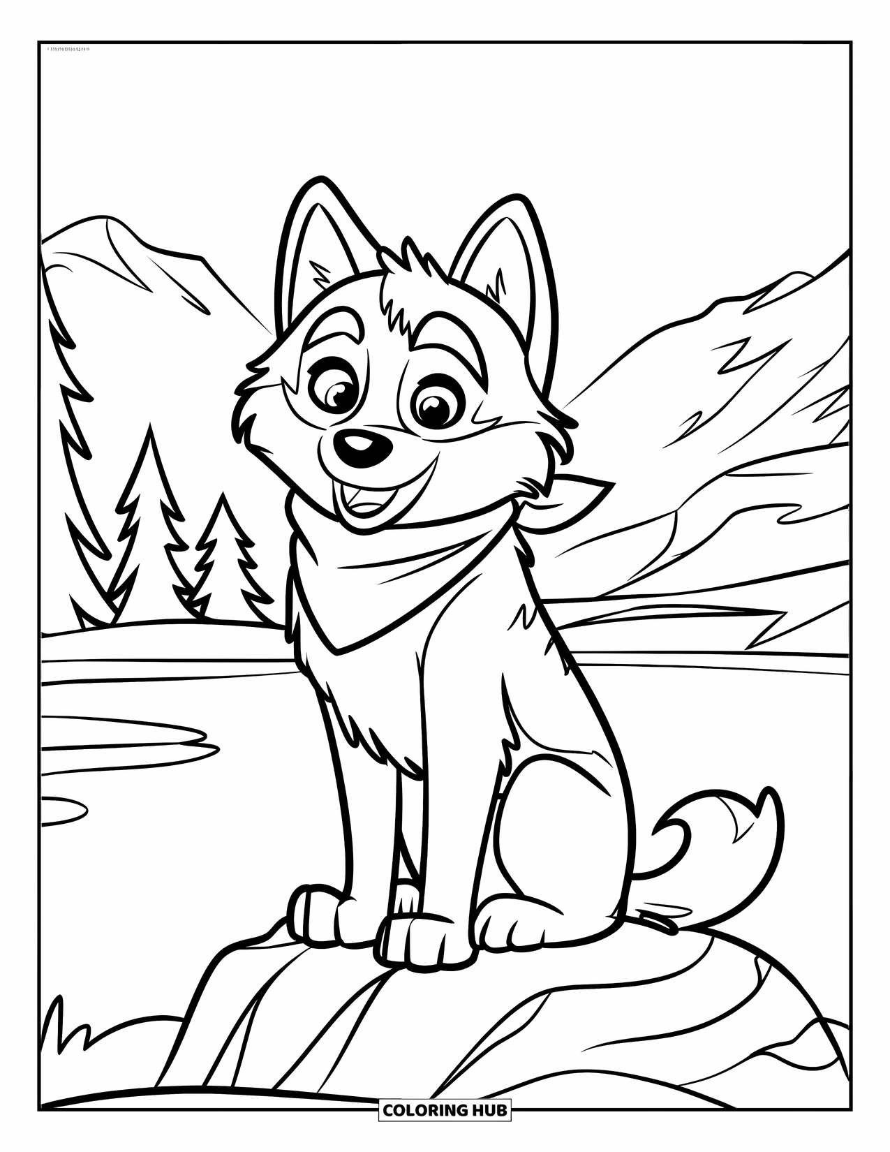 Husky Coloring Page for Kids: A husky with a happy face in a scarf sits on a rock by a lake