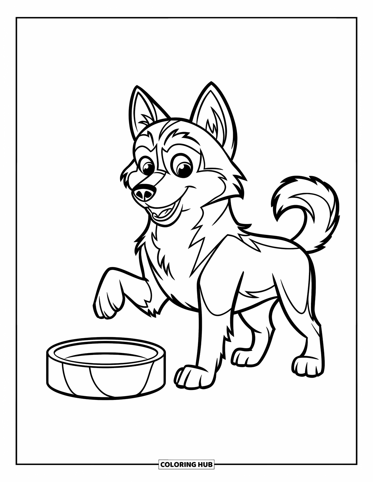Husky Coloring Page for Kids: A husky with a lifted paw stands by an empty bowl with a playful look