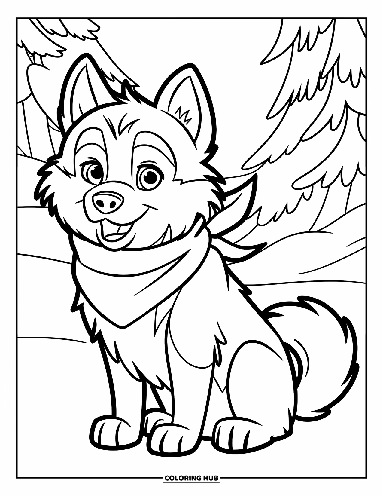 Husky Coloring Page for Kids: A husky with a red scarf and fluffy coat sits in a snowy forest