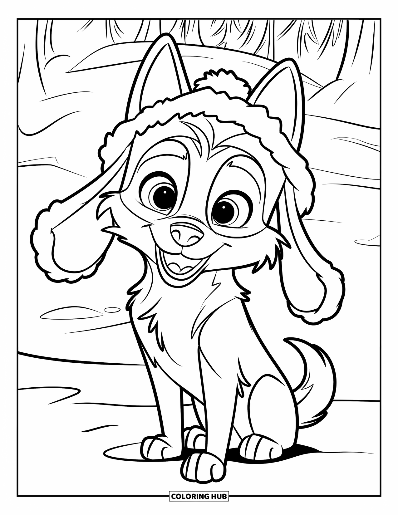 Husky Coloring Page for Kids: A husky with big eyes and a floppy hat sits on a snowbank among trees