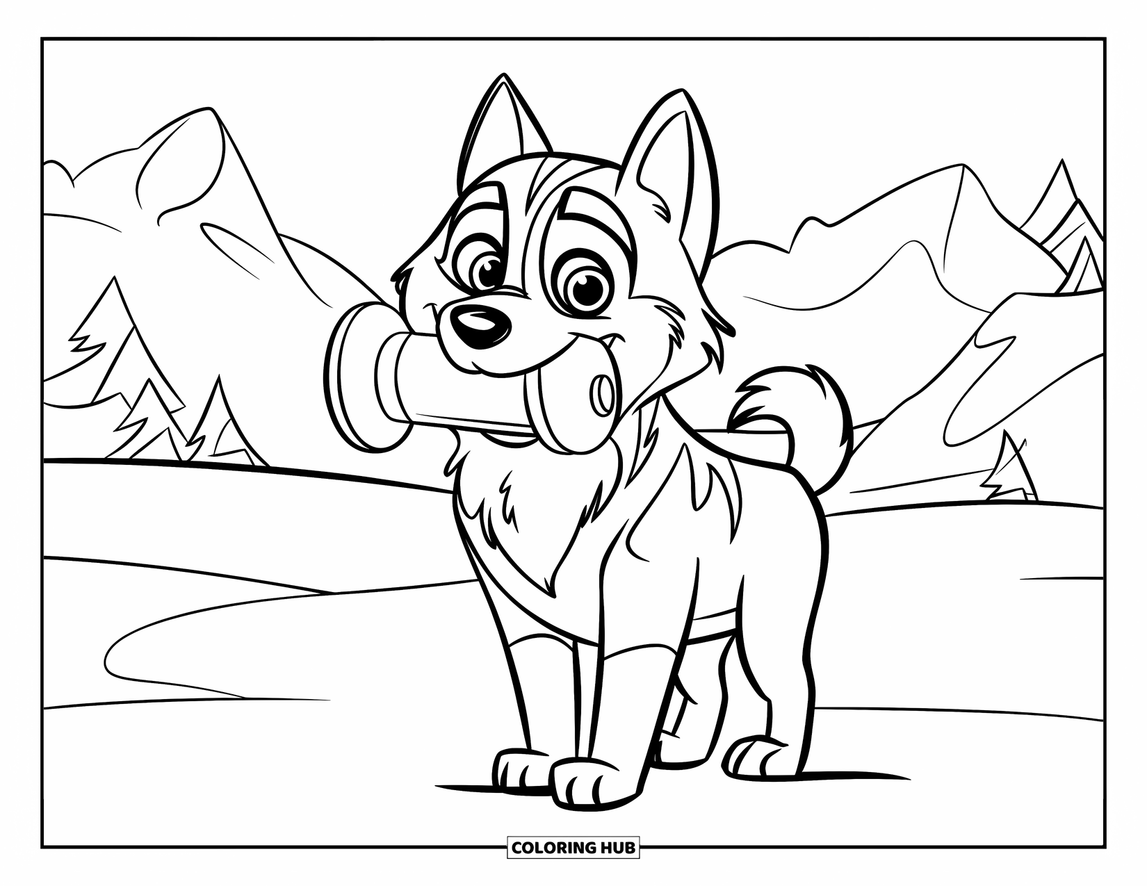 Husky Coloring Page for Kids: A husky with big eyes holds a squeaky toy in a snowy forest