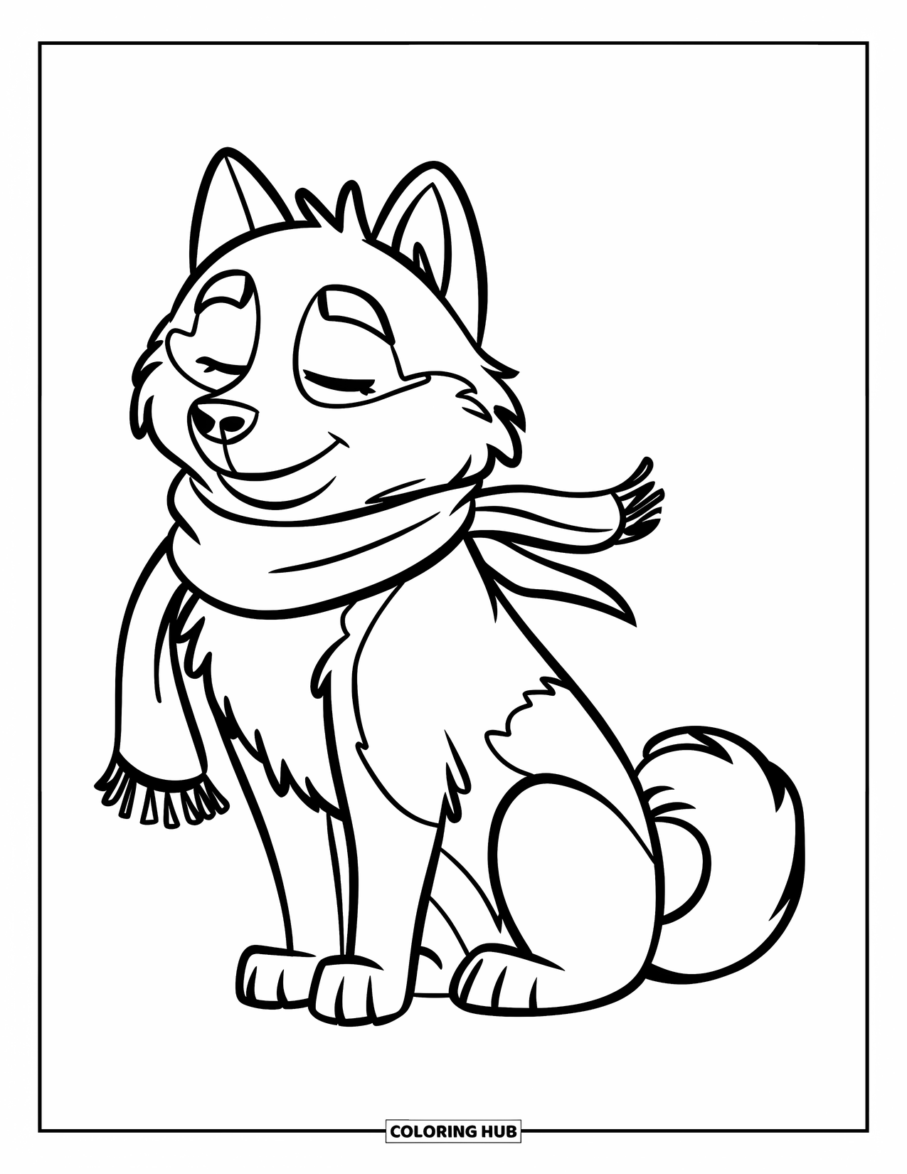Husky Coloring Page for Kids: A husky with eyes closed and scarf sits calmly in a white scene