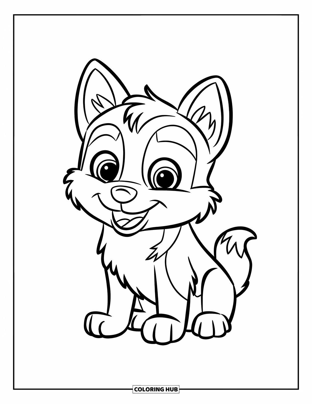 Husky Coloring Page for Kids: A smiling husky puppy with a wagging tail sits on white background, bold outlines only