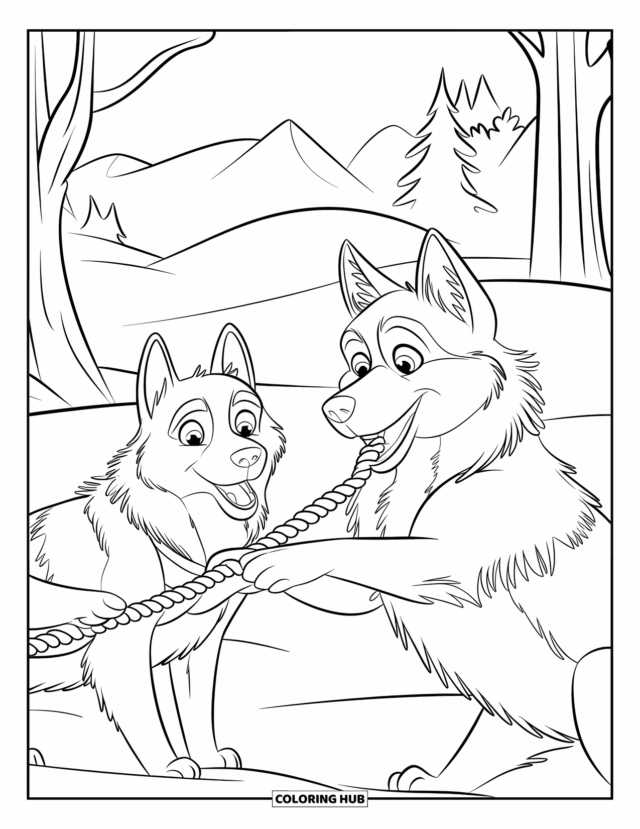 Husky Coloring Page for Kids: Huskies tug on a rope toy near mountains and snowy trees