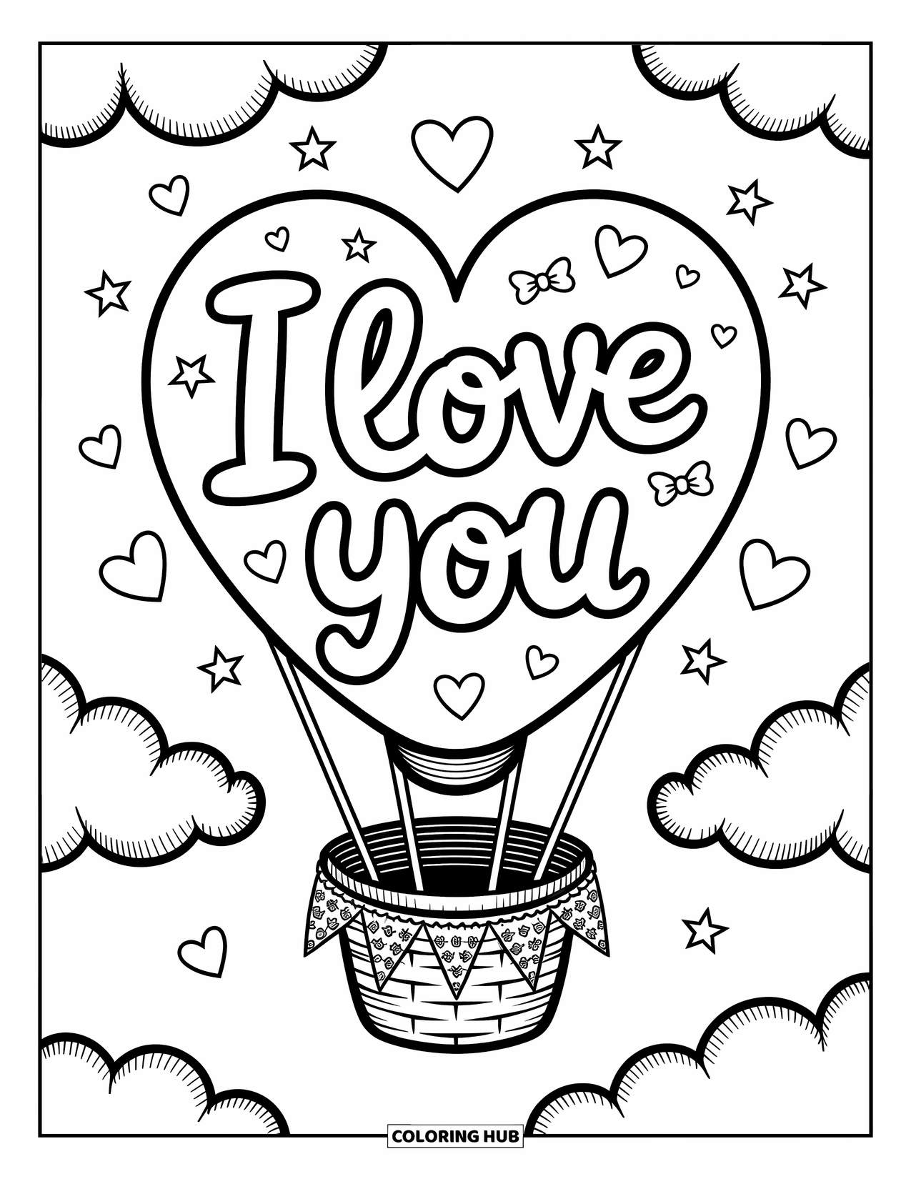 I Love You Coloring Page for Adults: A balloon with lace and bows floats gently with "I Love You" written across it