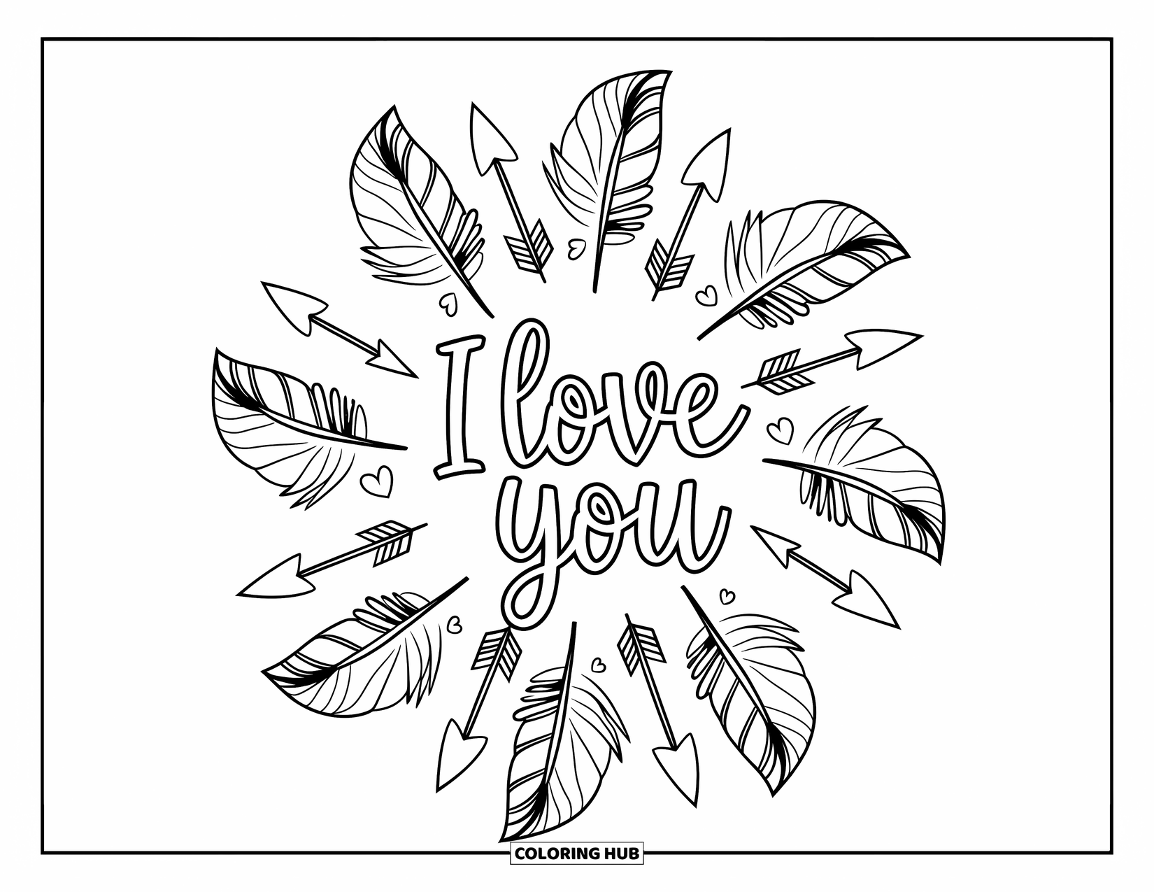 I Love You Coloring Page for Adults: A boho mandala of feathers and hearts frames a handwritten "I Love You"