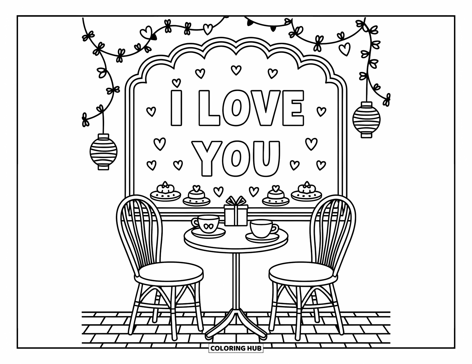 I Love You Coloring Page for Adults: A cozy café table for two sits under a cute "I Love You" sign