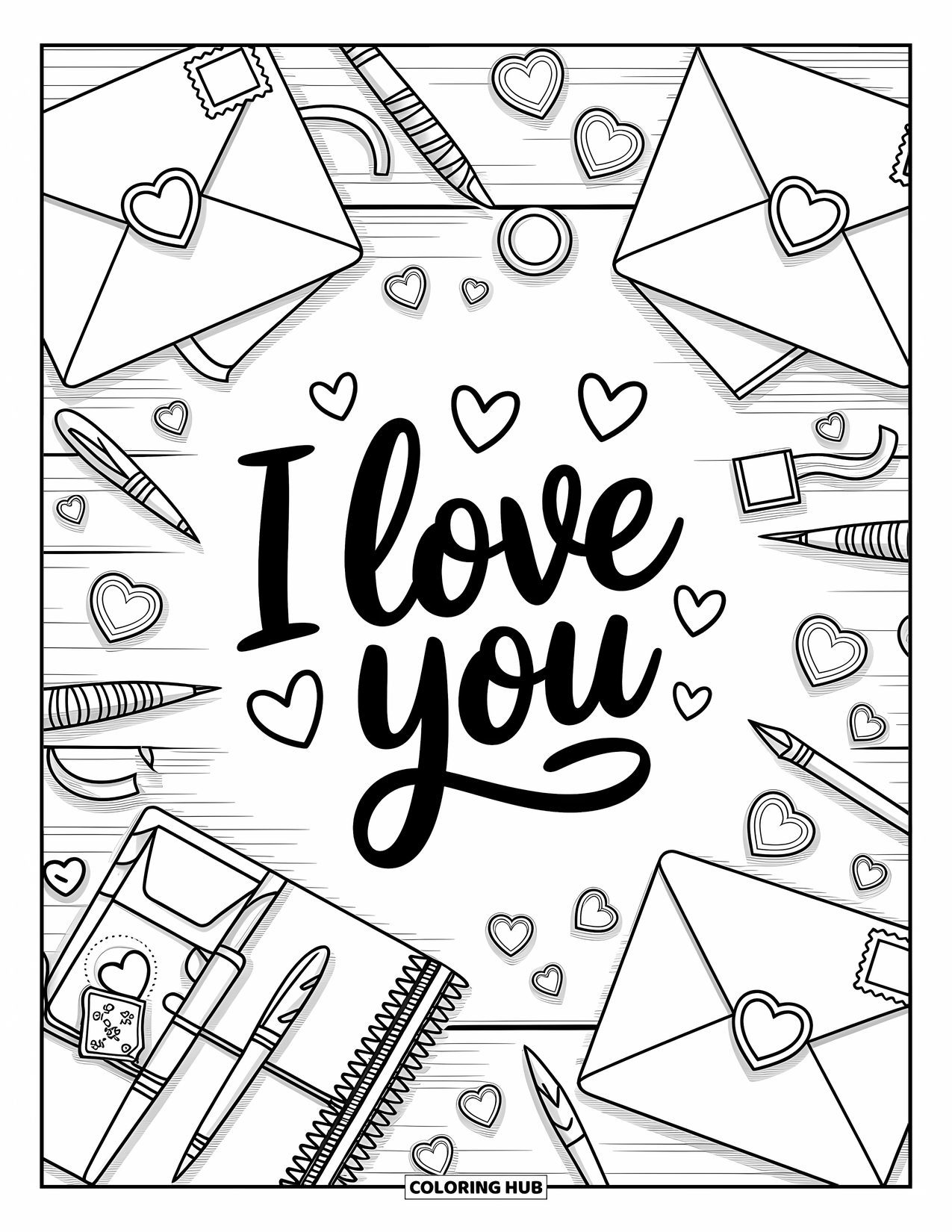 I Love You Coloring Page for Adults: A cozy desk with heart stickers and a letter reading "I Love You" on top