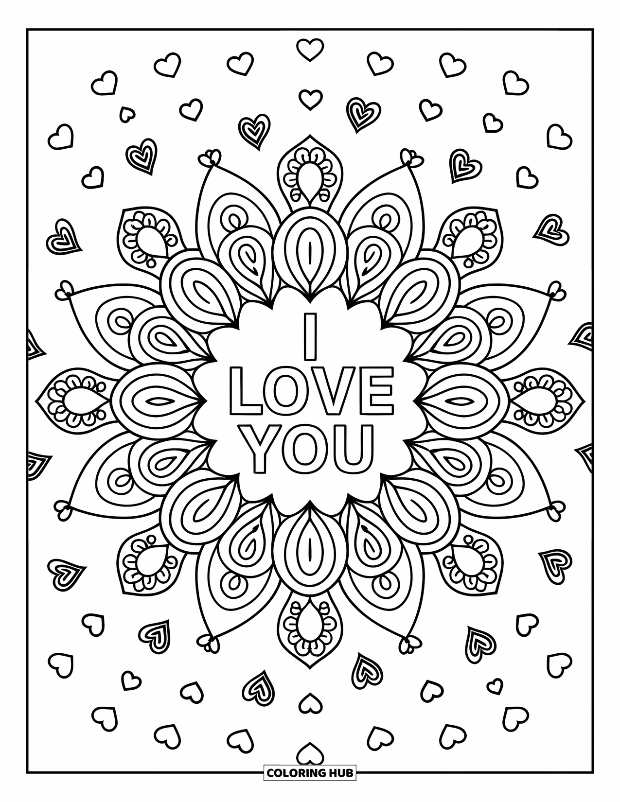 I Love You Coloring Page for Adults: A decorative mandala bursts around a soft, central "I Love You" message