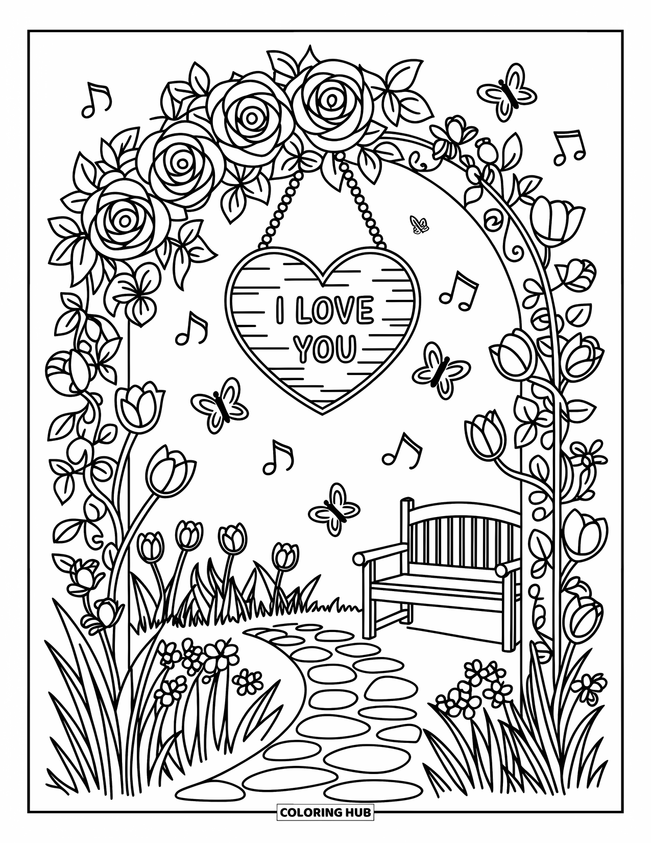 I Love You Coloring Page for Adults: A flower-covered arch with butterflies frames a sign that says "I Love You"
