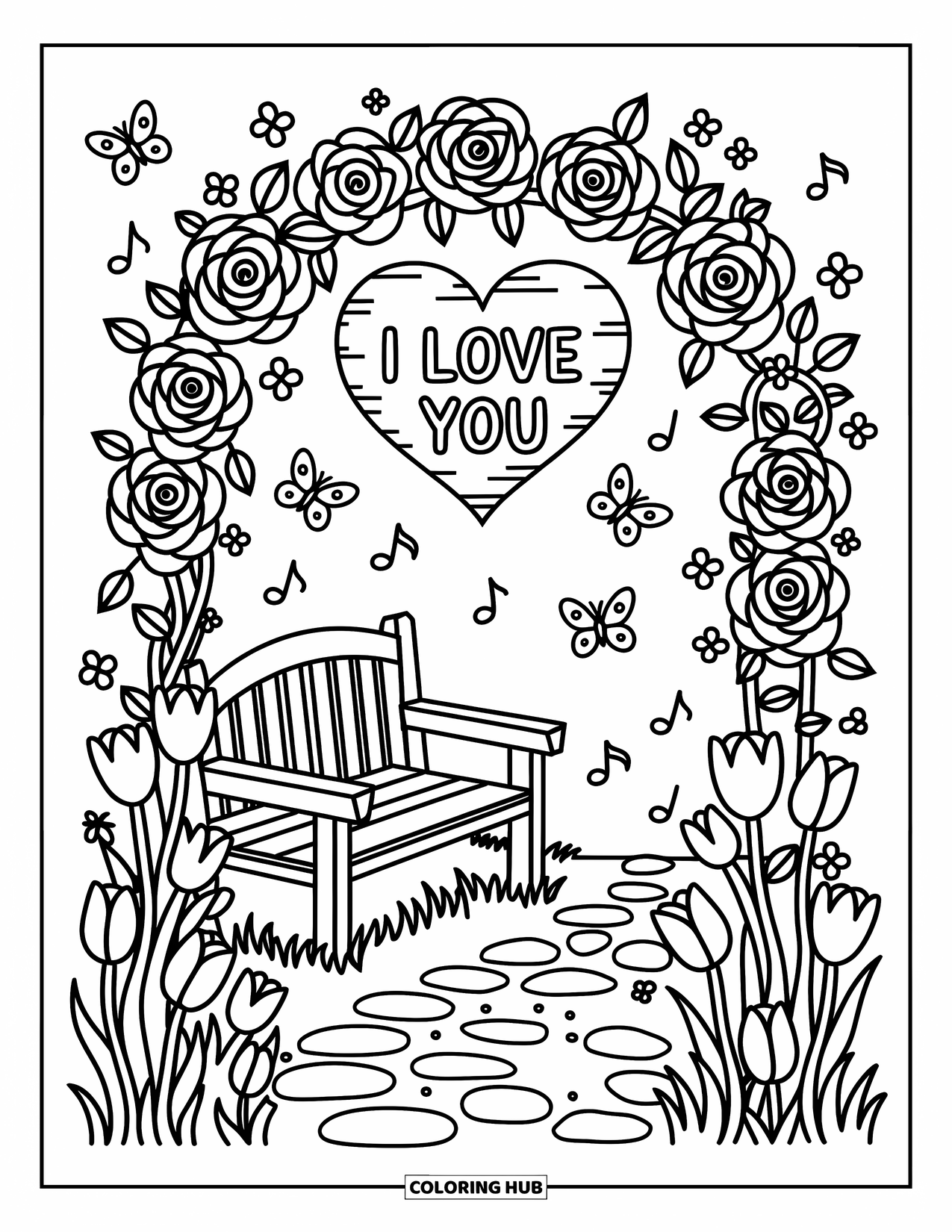 I Love You Coloring Page for Adults: A garden arch of flowers holds a heart sign that says "I Love You"