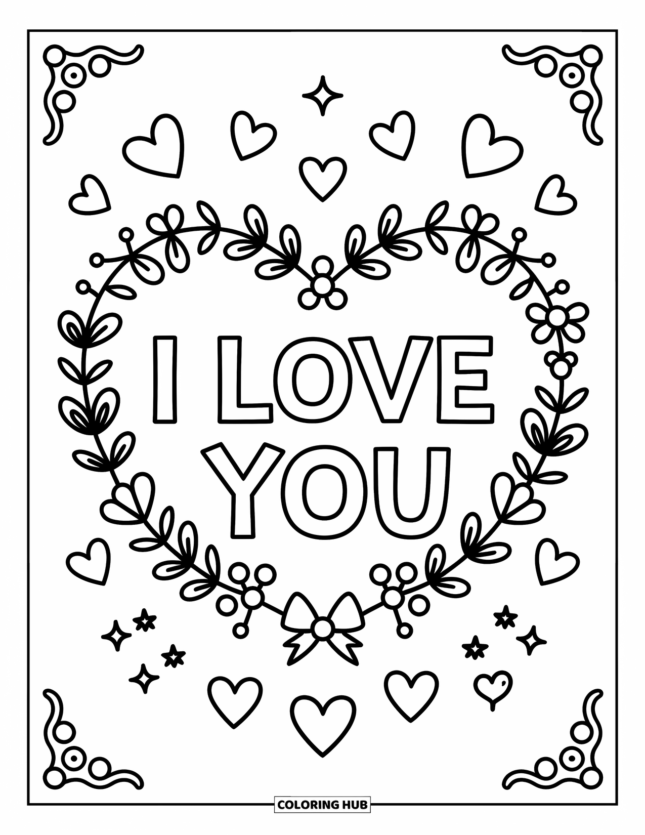 I Love You Coloring Page for Adults: A heart wreath of flowers and pearls surrounds a sweet "I Love You" message
