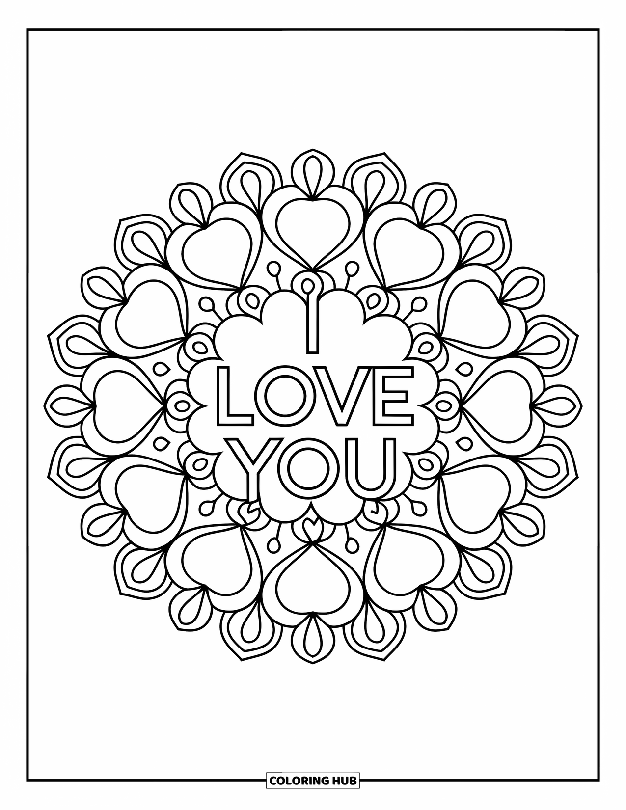 I Love You Coloring Page for Adults: A soft mandala of hearts and petals surrounds elegant "I Love You" script