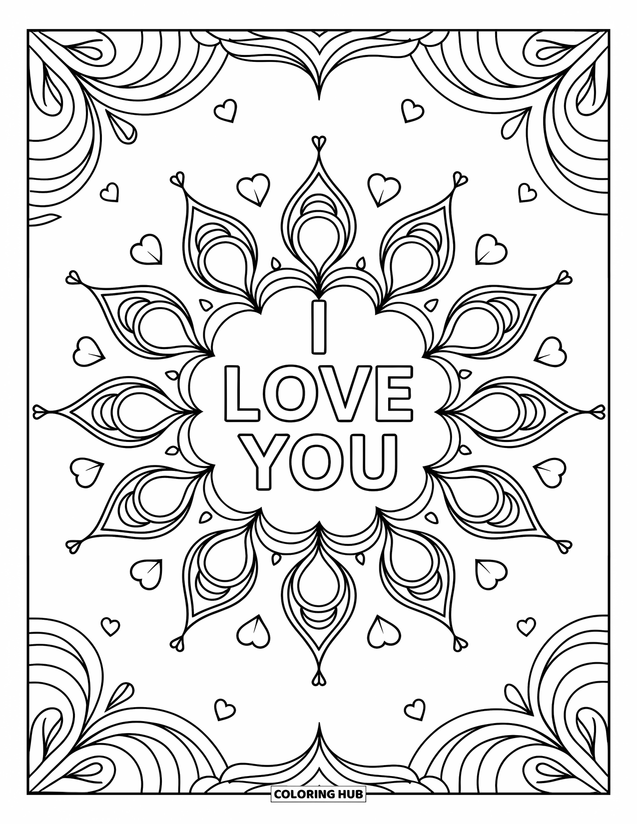 I Love You Coloring Page for Adults: A starburst mandala of hearts and paisleys surrounds a central "I Love You"