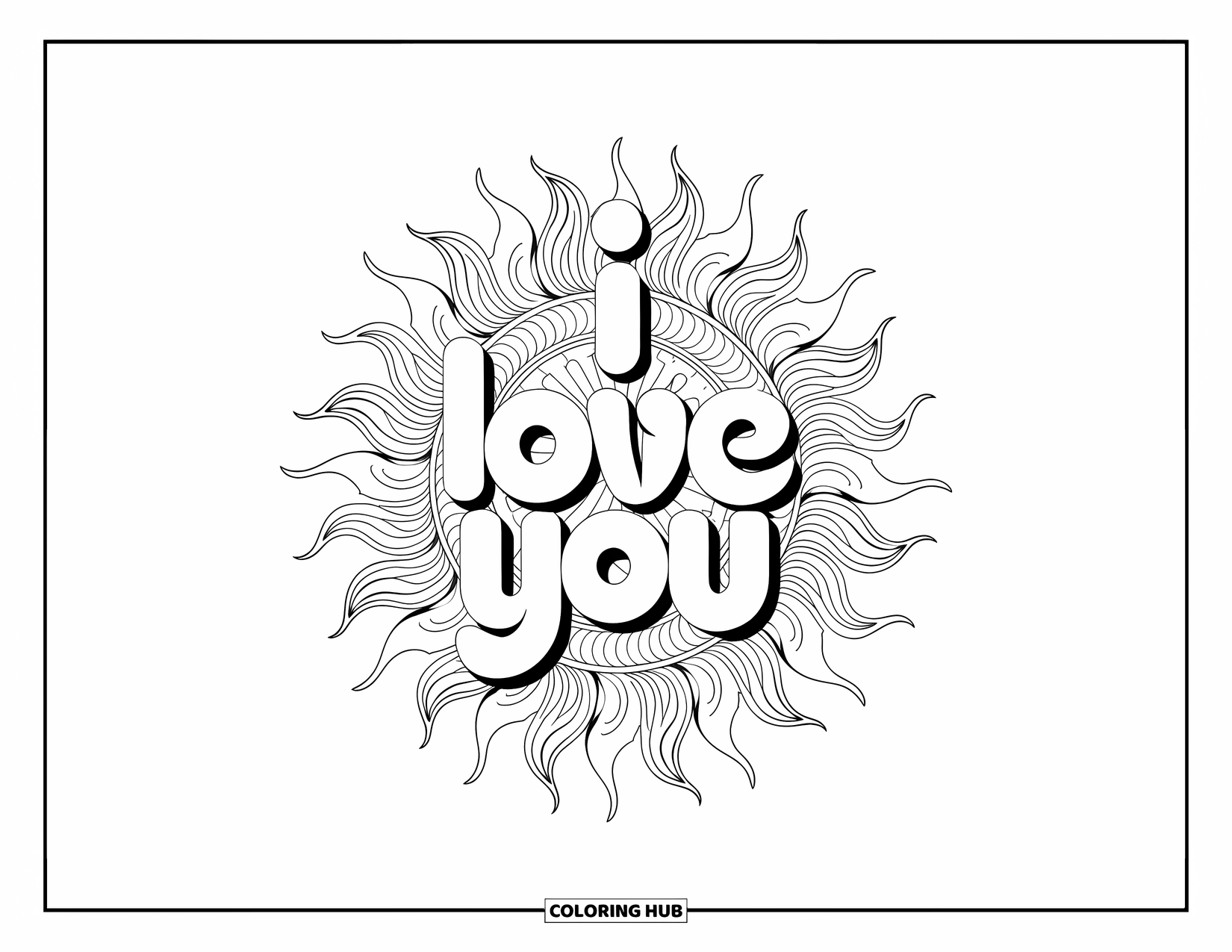 I Love You Coloring Page for Adults: A sun mandala of waves and starbursts surrounds calligraphy that says "I Love You"