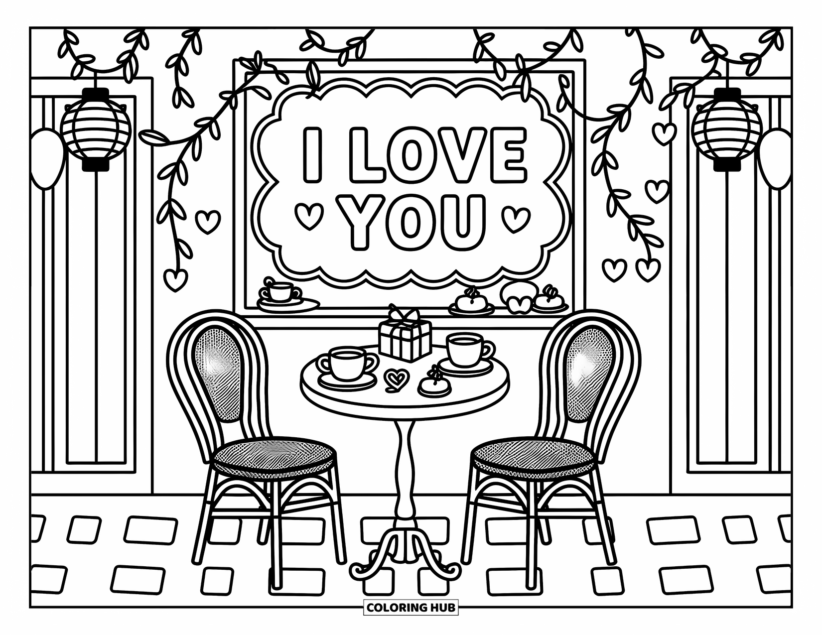 I Love You Coloring Page for Adults: A warm café table for two with pastries and a charming "I Love You" sign