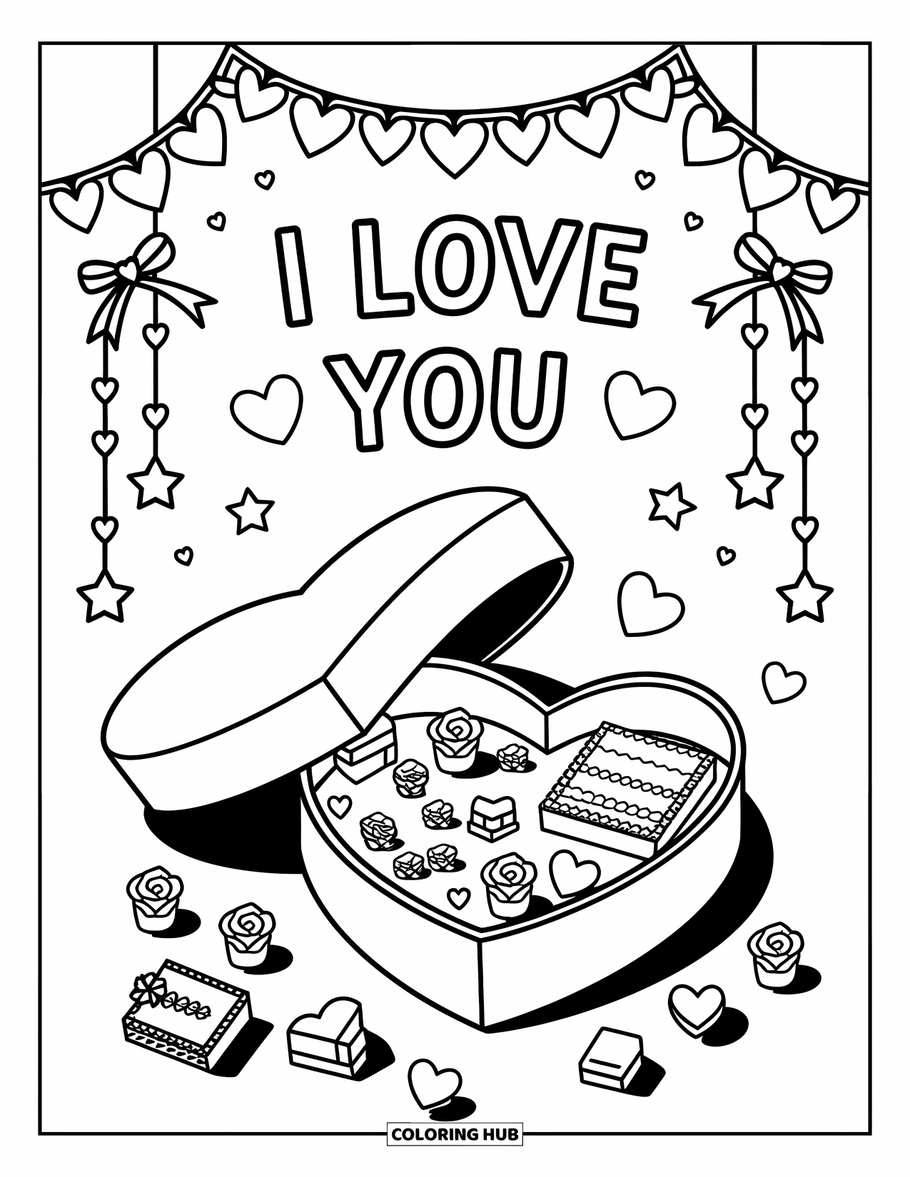 I Love You Coloring Page for Adults: An open heart gift box holds roses, chocolates, and a sweet "I Love You" message