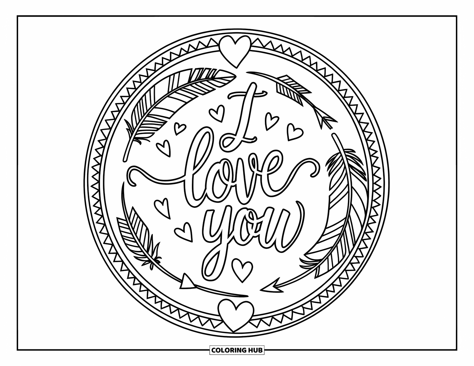 I Love You Coloring Page for Adults: Feathers, arrows, and hearts circle around an elegant "I Love You" design