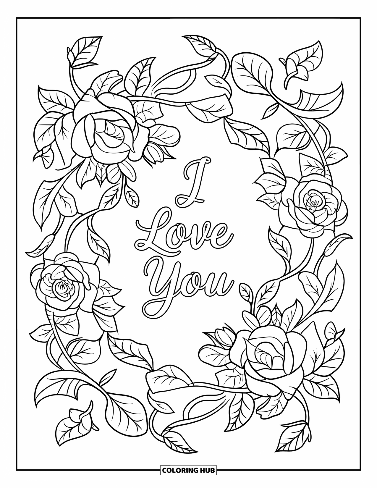 I Love You Coloring Page for Adults: Graceful script says "I Love You" in the center of a rose-filled mandala