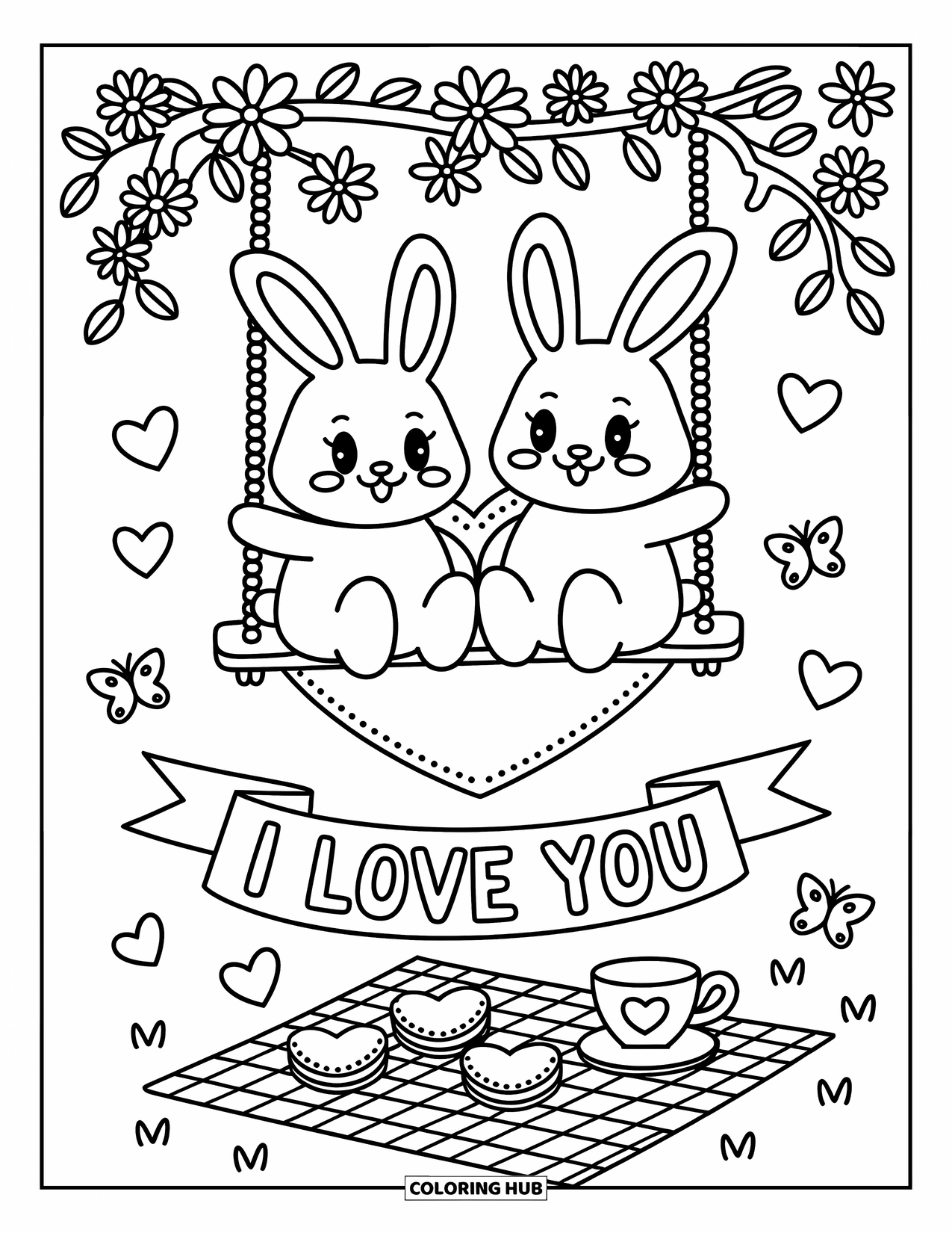 I Love You Coloring Page for Adults: Heart butterflies flutter as bunnies swing above a picnic and "I Love You" ribbon