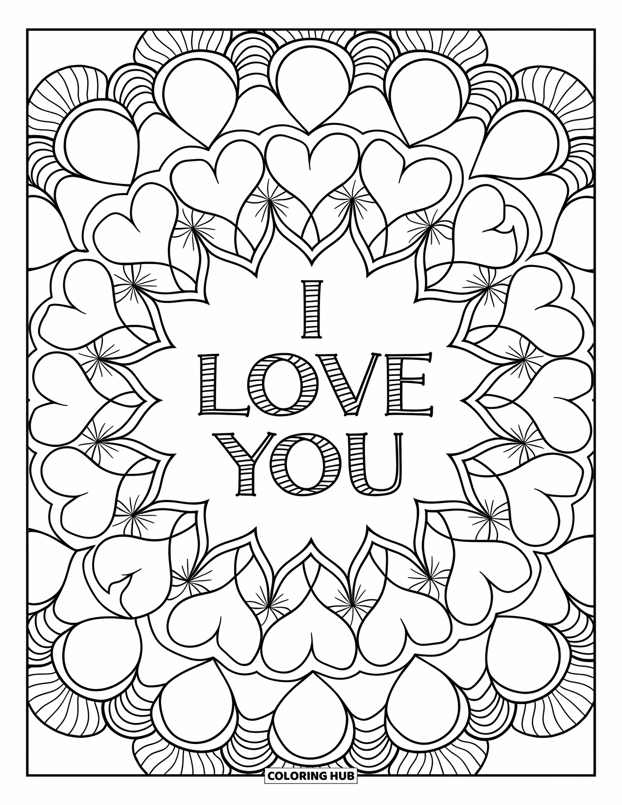 I Love You Coloring Page for Adults: Heart petals and delicate shapes form a mandala with "I Love You" in the middle