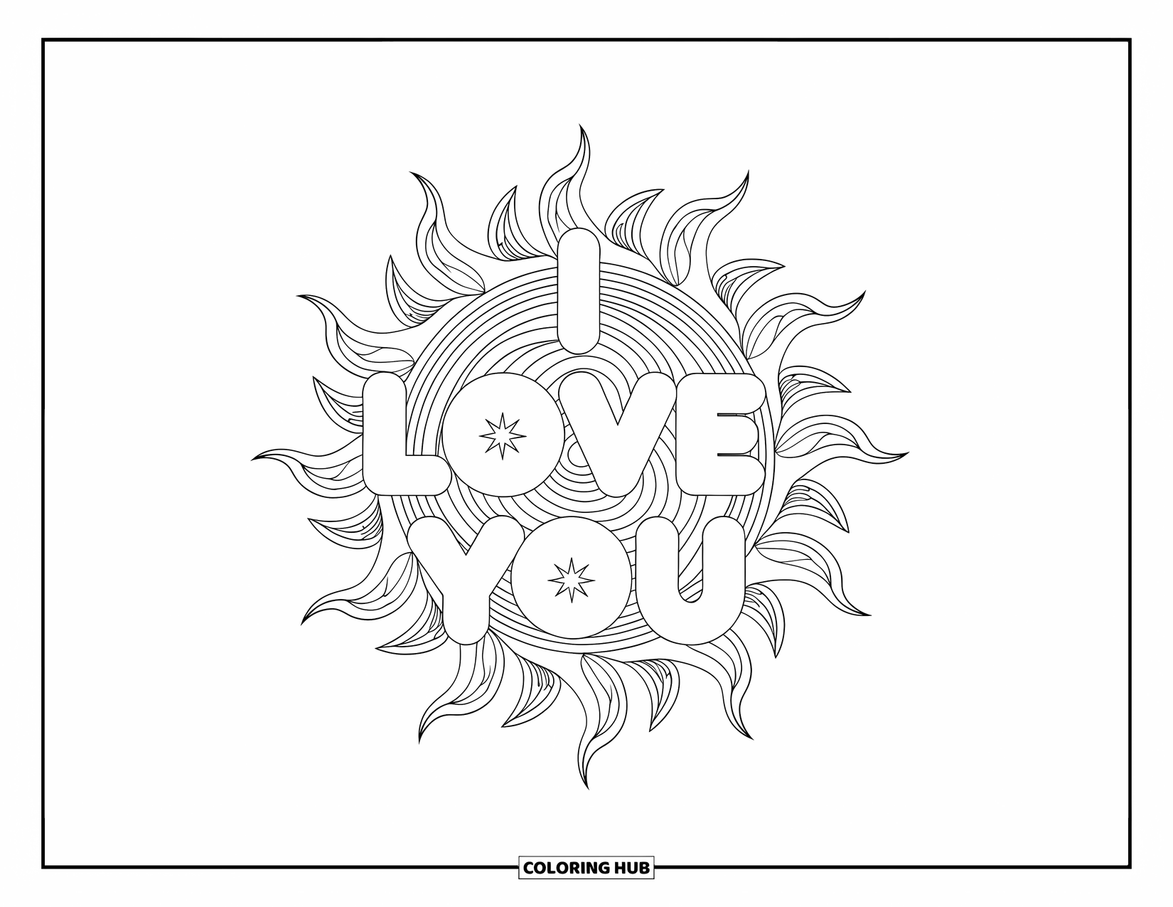 I Love You Coloring Page for Adults: "I Love You" glows in modern script surrounded by swirls, waves, and sparkles