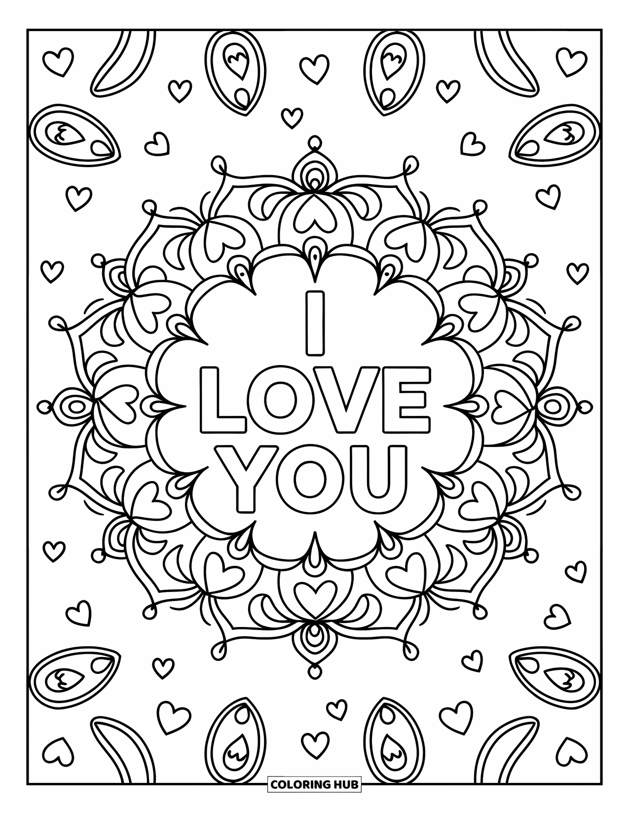 I Love You Coloring Page for Adults: "I Love You" rests at the center of a detailed heart-filled mandala