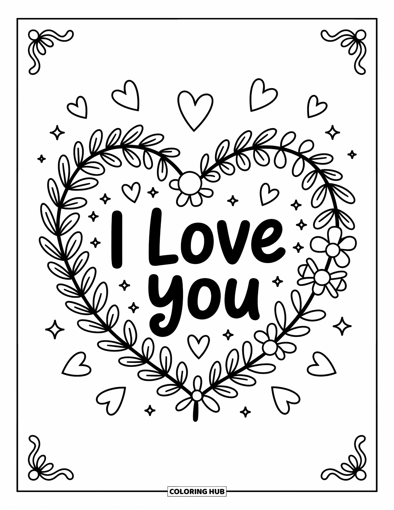 I Love You Coloring Page for Adults: "I Love You" sits inside a flowery heart wreath with petals and sparkles all around