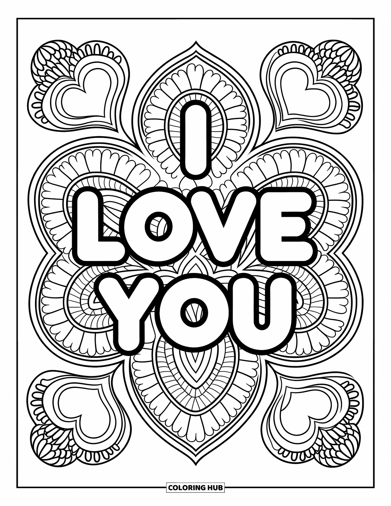 I Love You Coloring Page for Adults: "I Love You" stands out among intricate heart-shaped mandala patterns