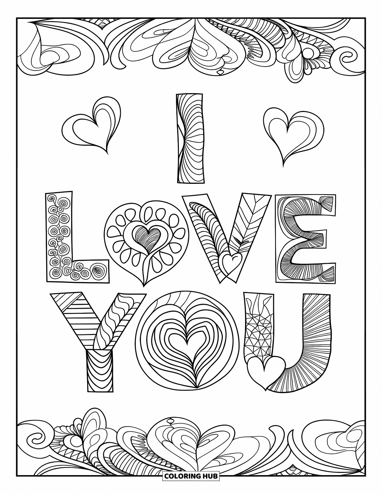 I Love You Coloring Page for Adults: Intricate hearts and swirls surround "I Love You" in a peaceful zentangle design